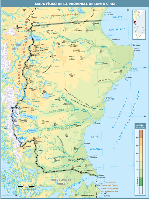 Mapa físico de la Provincia de Santa Cruz, Argentina