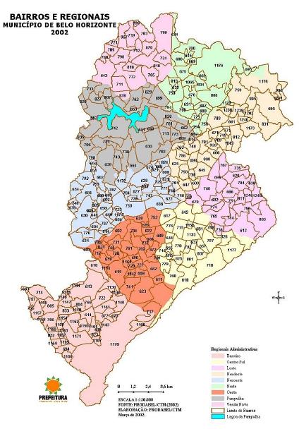 Mapa Dos Bairros E Regionais De Belo Horizonte, Brasil