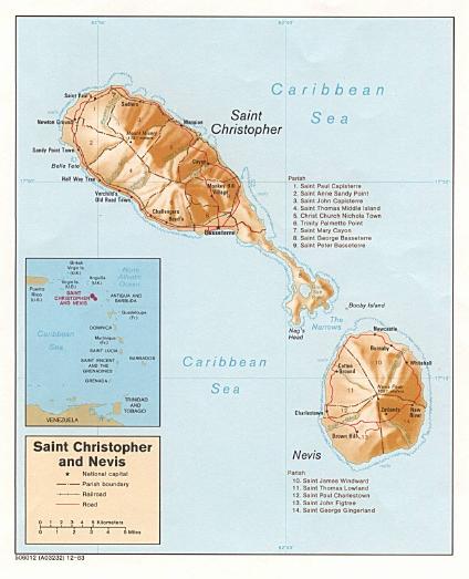 Mapa Relieve Sombreado, Islas San Cristóbal y Nieves