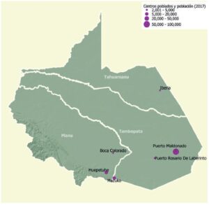 Mapa de los centros poblados y población en el departamento de Madre de Dios.