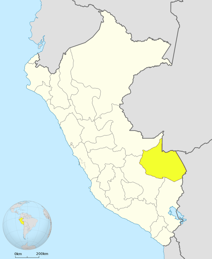 Mapa de ubicación del departamento de Madre de Dios en Perú.