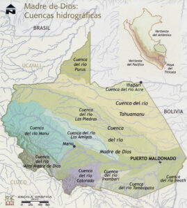 Mapa de las cuencas hidrográficas del departamento de Madre de Dios.