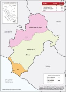 Mapa de la división política administrativa del departamento de Moquegua.