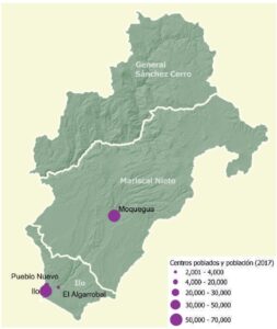 Mapa de los centros poblados y población en el departamento de Moquegua.
