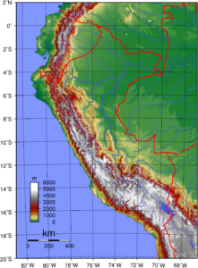 Mapa topográfico de Perú.