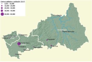 Mapa de los centros poblados y población en el departamento de Pasco.