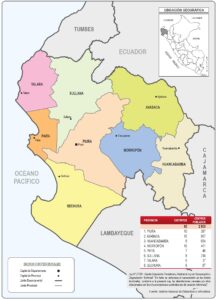 Mapa de la división política administrativa del departamento de Piura.