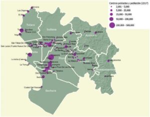 Mapa de los centros poblados y población en el departamento de Piura.