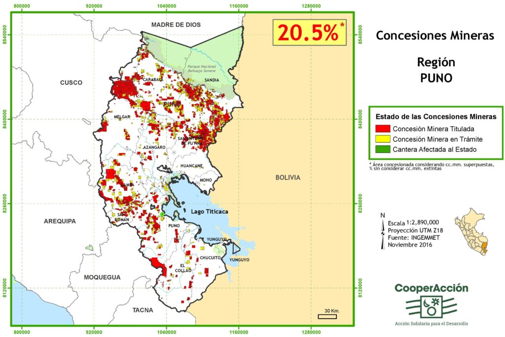 Mapa de las concesiones mineras en el departamento de Puno noviembre 2016.