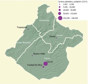 Mapa de los centros poblados y población en el departamento de Tacna.