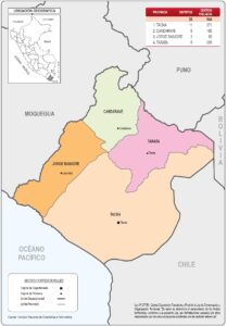 Mapa de la división política administrativa del departamento de Tacna.