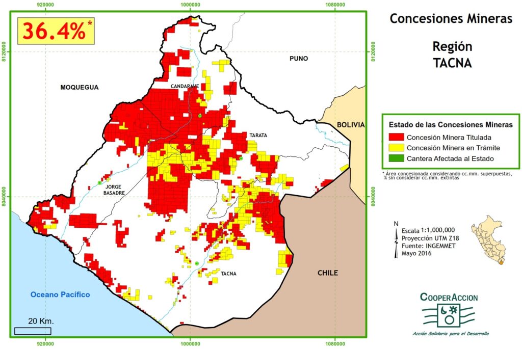 Mapa de las concesiones mineras en el departamento de Tacna mayo 2016.