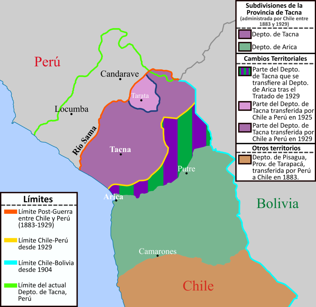 Mapa de la controversia entre Chile y Perú por los territorios de Tacna y Arica entre 1883 y 1929.