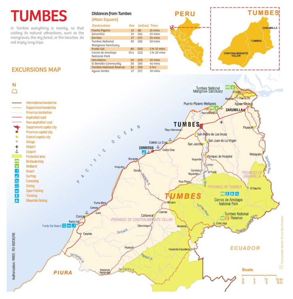 Mapa turístico del departamento de Tumbes.