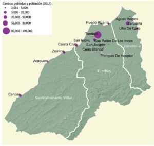 Mapa de los centros poblados y población en el departamento de Tumbes.