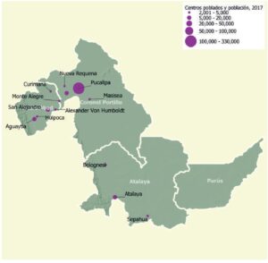 Mapa de los centros poblados y población en el departamento de Ucayali.
