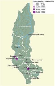 Mapa de los centros poblados y población en el departamento de Amazonas, Perú.