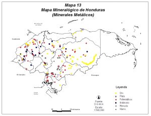Mapa mineralógico de Honduras (minerales metálicos).