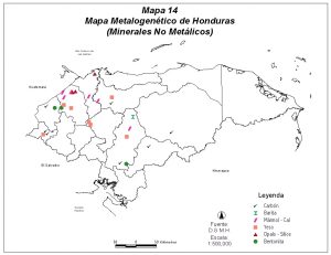Mapa mineralógico de Honduras (minerales no metálicos).
