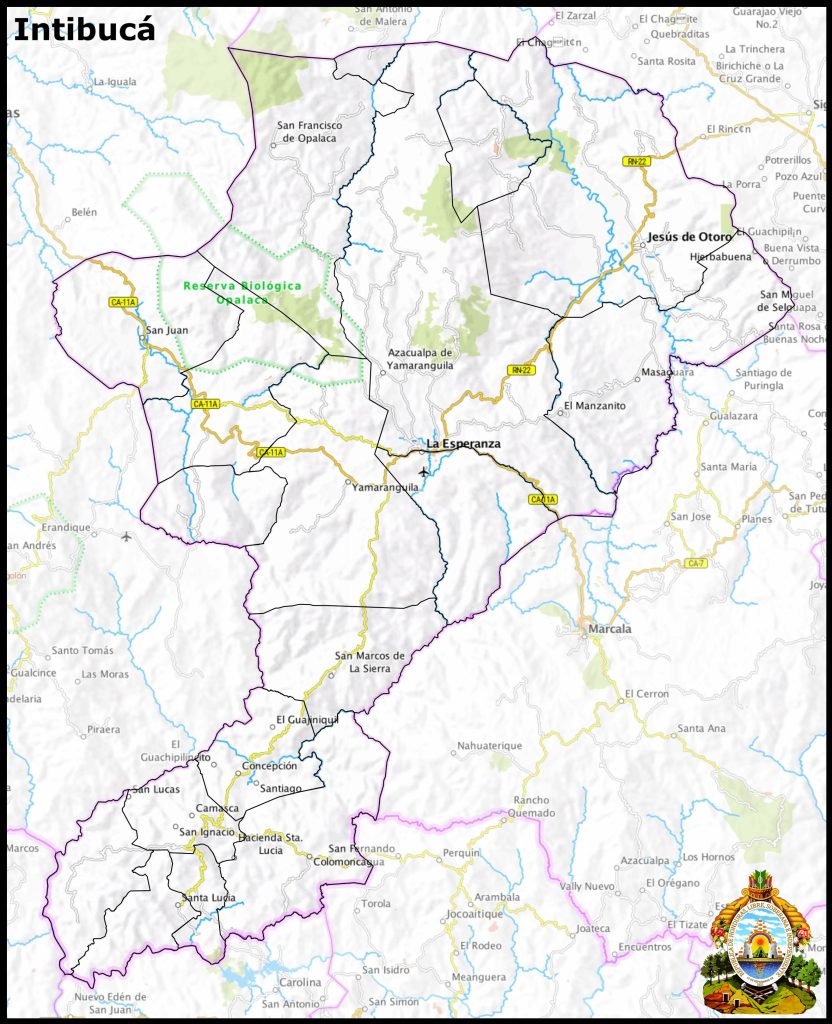 Mapa del departamento de Intibucá.