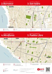 Mapas turísticos de Barranco, San Isidro, Miraflores y Pueblo Libre.
