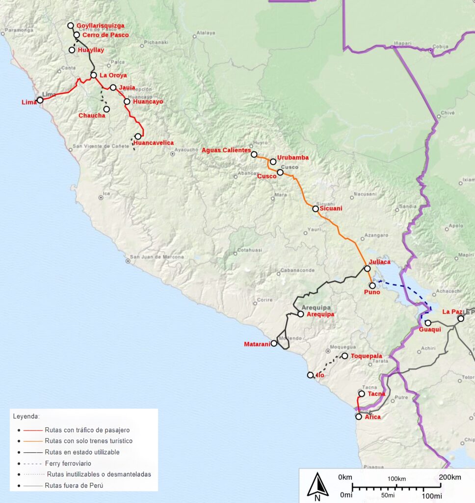 Mapa de la red ferroviaria peruana.