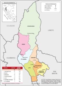 Mapa de la división política administrativa del departamento de Amazonas, Perú.
