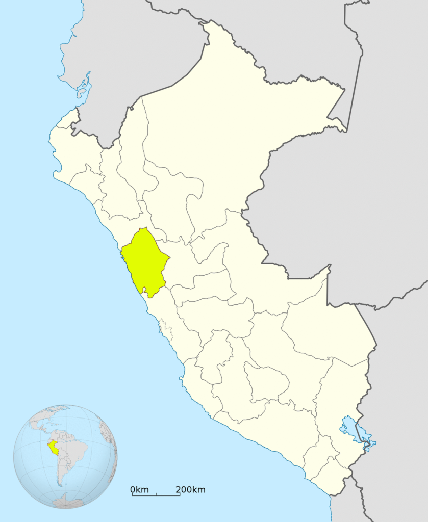 Mapa de ubicación del departamento de Áncash en Perú.