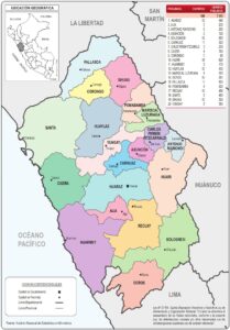 Mapa de la división política administrativa del departamento de Áncash.
