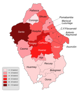 Mapa de densidad poblacional del departamento de Áncash al año 2015.