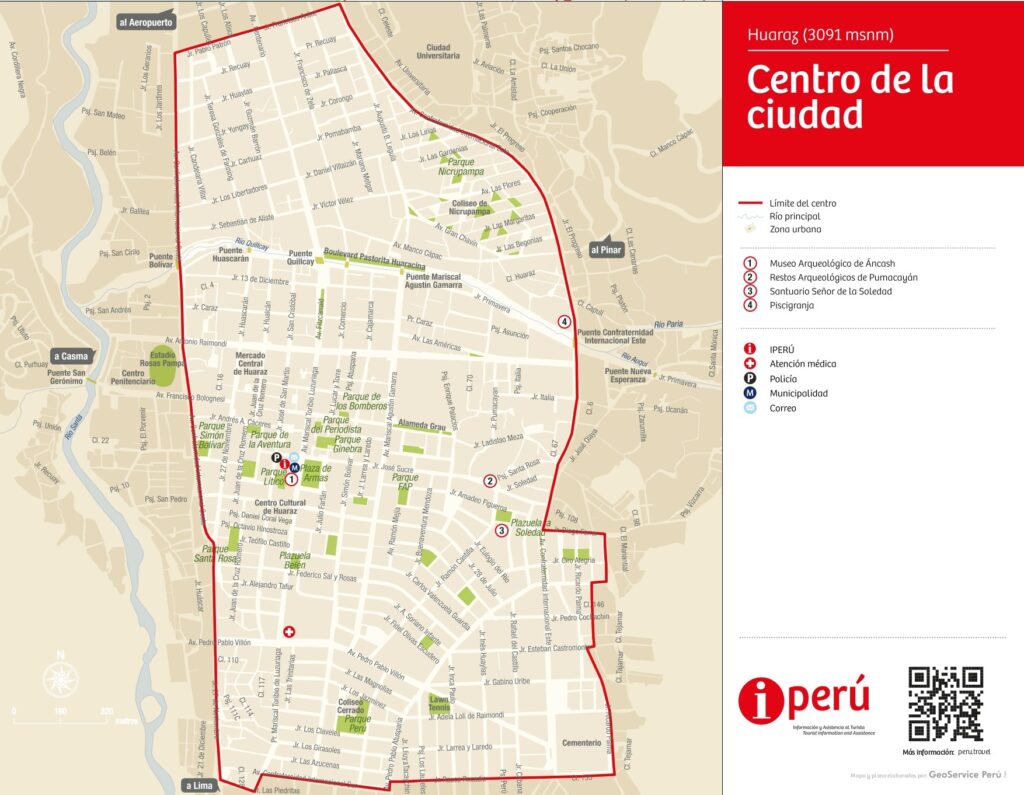 Mapa del centro de la ciudad Huaraz, capital de Áncash.