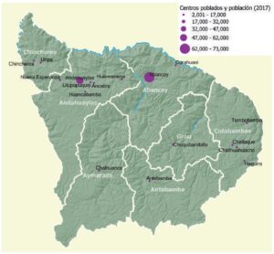 Mapa de los centros poblados y población en el departamento de Apurímac.