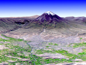 Vista en perspectiva tridimensional del Volcán Misti y la ciudad de Arequipa.