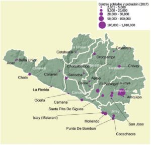 Mapa de los centros poblados y población en el departamento de Arequipa.