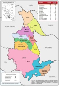 Mapa de la división política administrativa del departamento de Ayacucho.