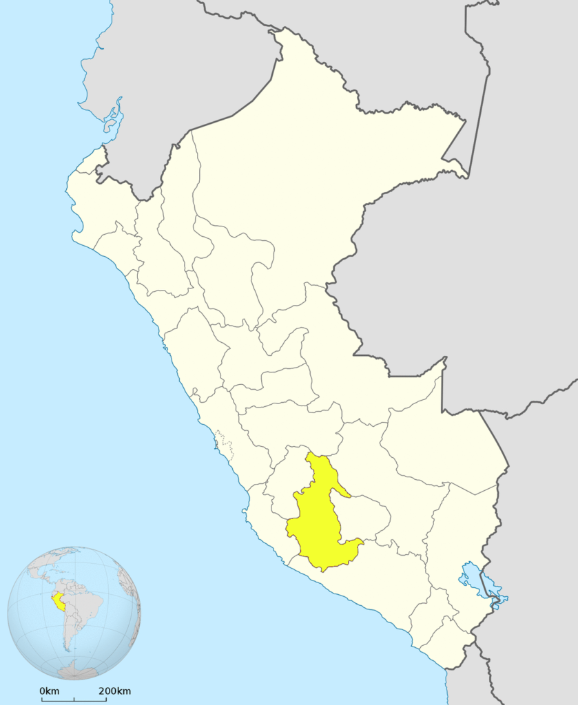 Mapa de ubicación del departamento de Ayacucho en Perú.