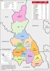 Mapa de la división política administrativa del departamento de Cajamarca.