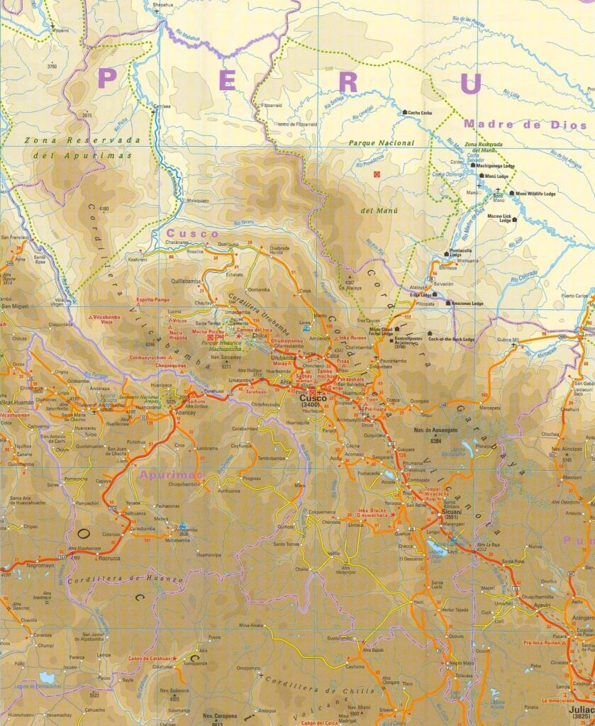 Mapa físico del departamento del Cuzco.