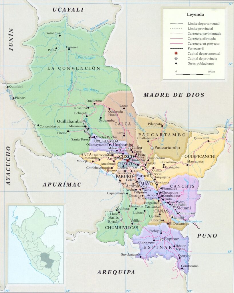 Mapa de las provincias del departamento del Cuzco.