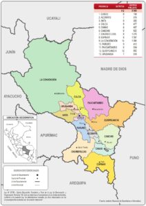 Mapa de la división política administrativa del departamento del Cuzco.