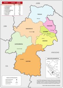 Mapa de la división política administrativa del departamento de Huancavelica.