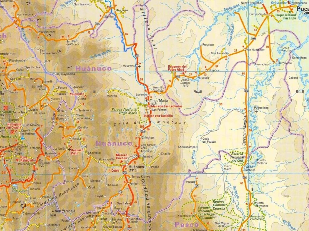 Mapa físico del departamento de Huánuco.