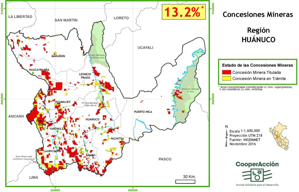 Mapa de las concesiones mineras en el departamento de Huánuco noviembre 2016.