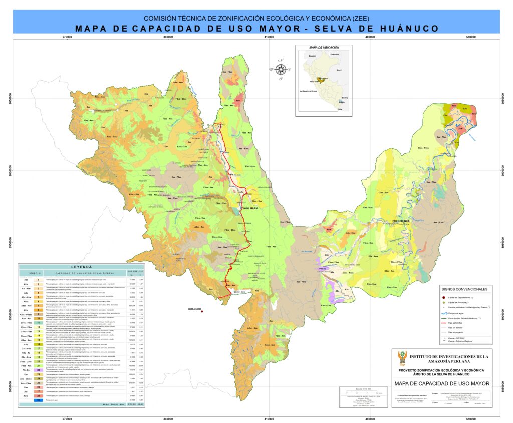 Mapa de capacidad de uso de las tierras en el departamento de Huánuco.
