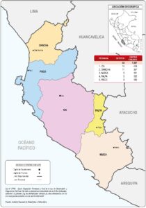 Mapa de la división política administrativa del departamento de Ica.