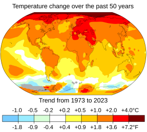 Cambio en la temperatura media en los últimos 50 años.