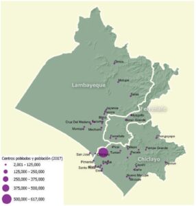 Mapa de los centros poblados y población en el departamento de Lambayeque.