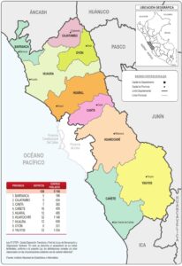Mapa de la división política administrativa del departamento de Lima.
