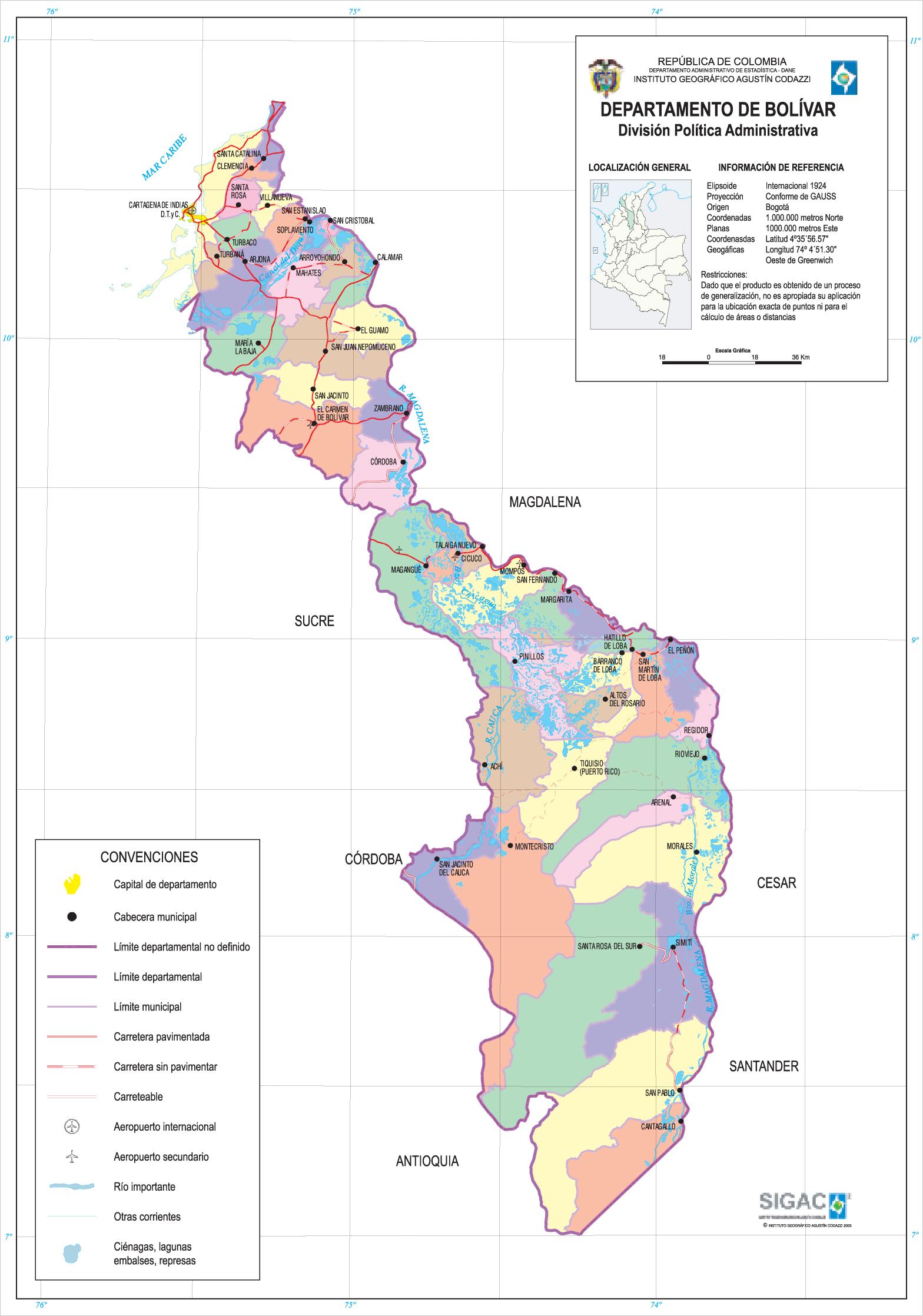 Bolívar Department Map, Colombia