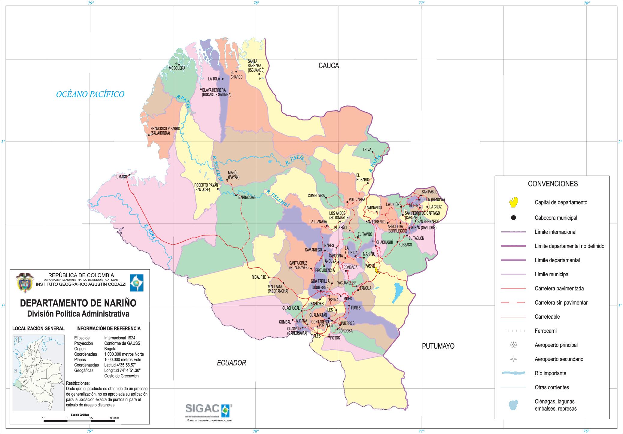 Nariño Department Map, Colombia